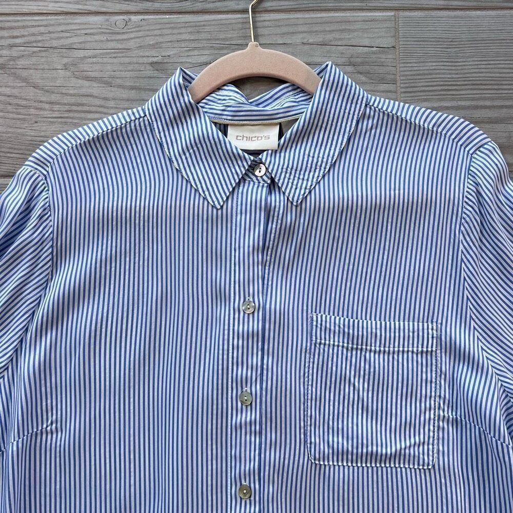 Chicos Womens Blue White High Low Striped Button Front Long Sleeve Blouse Size 2 - Picture 3 of 10